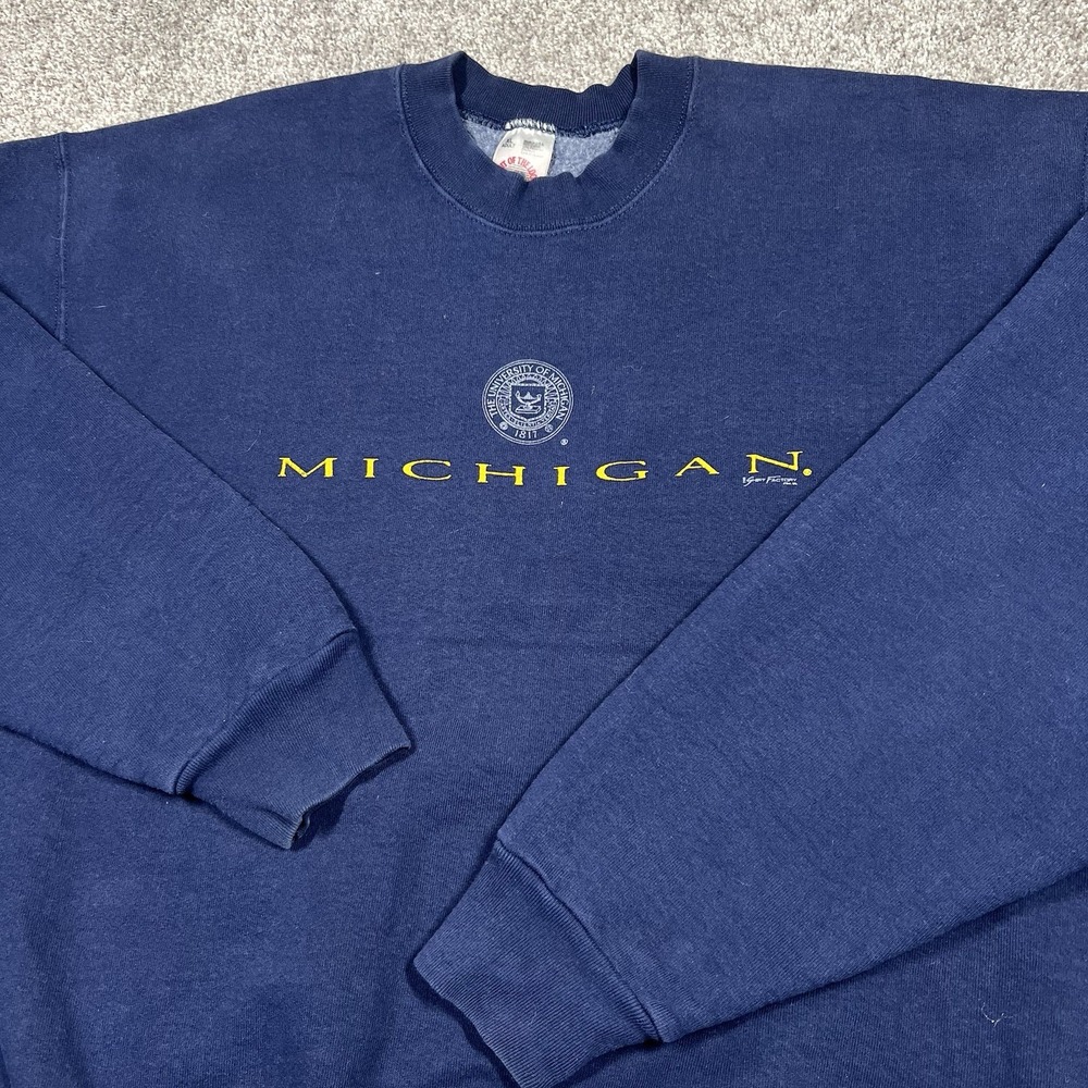 Vintage 90s University Of Michigan Sweatshirt Size XL Blue Crew Neck Logo UM 80s